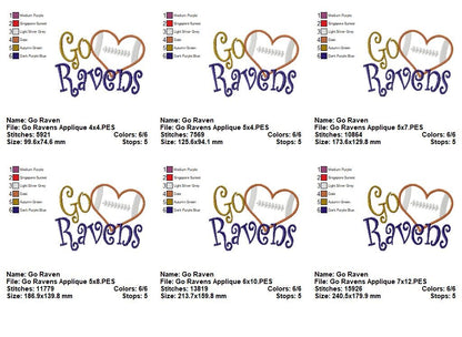 Go Ravens Football Heart – Appliqué – Machine Embroidery Design