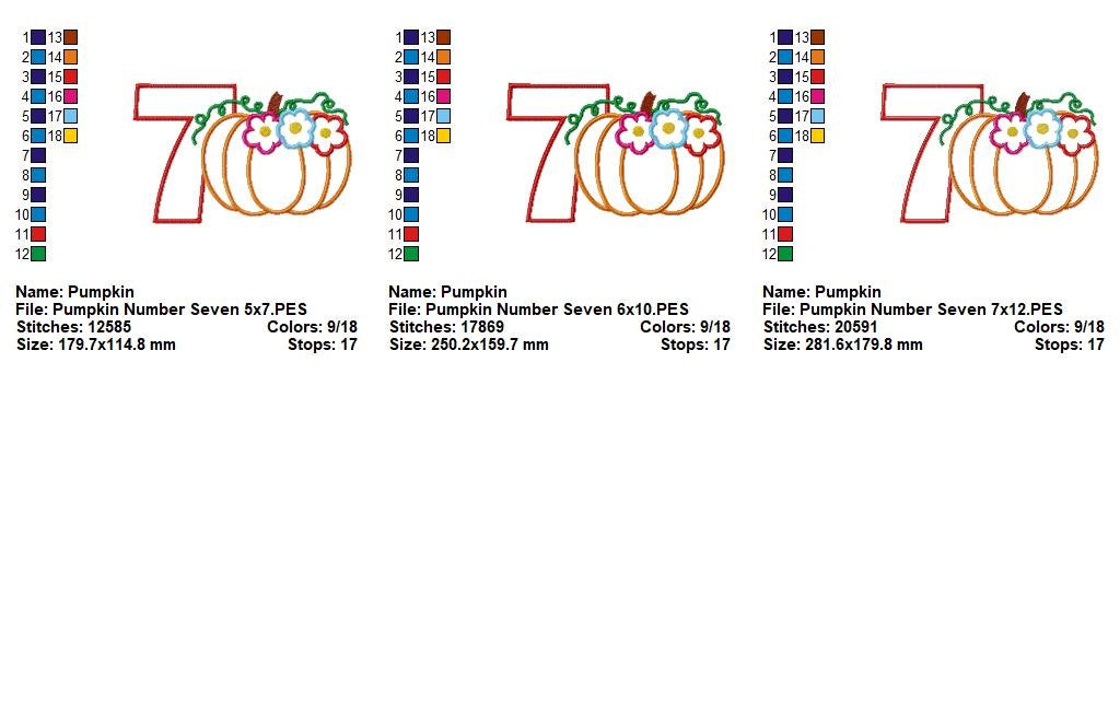 Floral Pumpkin Number Seven - Applique - Machine Embroidery Design