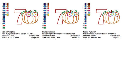 Floral Pumpkin Number Seven - Applique - Machine Embroidery Design