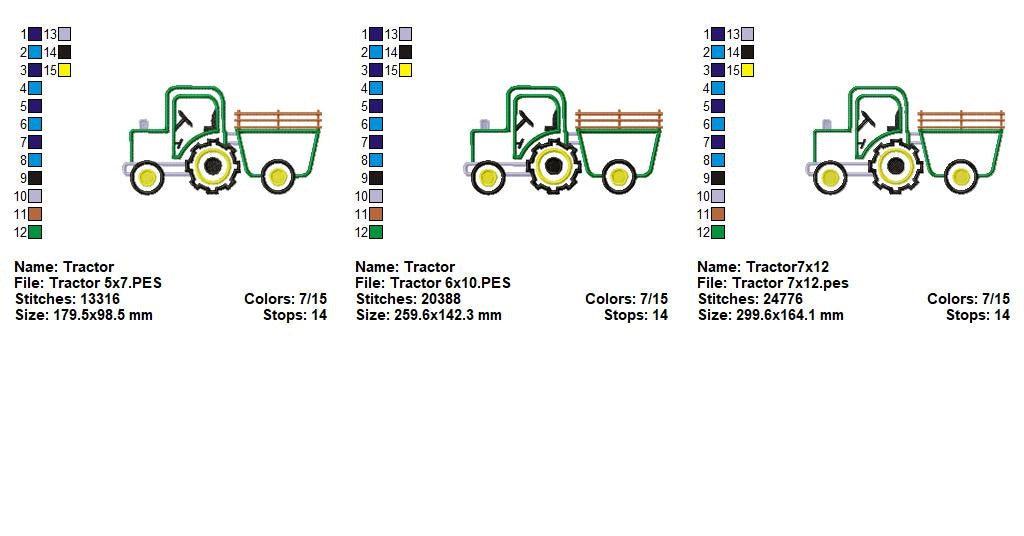 Farm Tractor with Trailer – Appliqué – Machine Embroidery Design