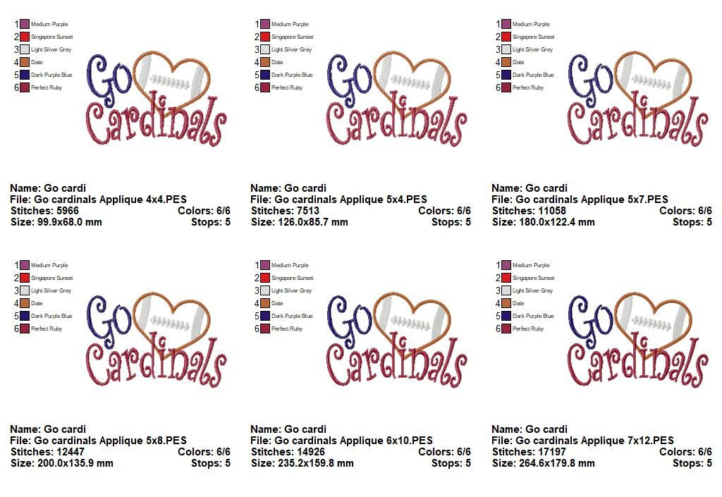 Go Cardinals Football Heart – Appliqué – Machine Embroidery Design