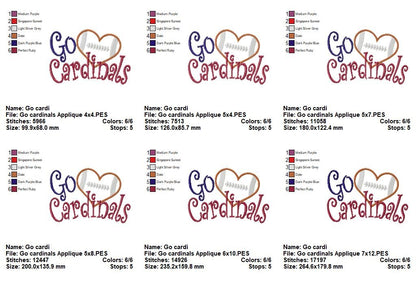 Go Cardinals Football Heart – Appliqué – Machine Embroidery Design