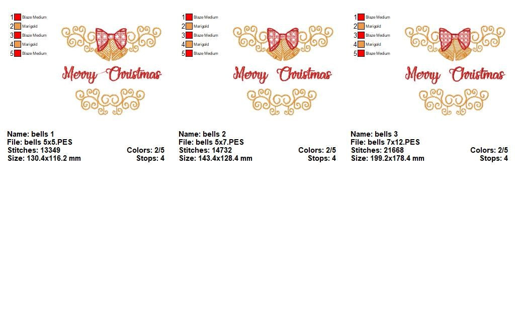 Elegant Merry Christmas Bells – Satin Stitch - Machine Embroidery Design