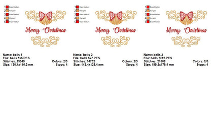 Elegant Merry Christmas Bells – Satin Stitch - Machine Embroidery Design