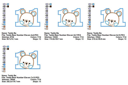Sweet Teddy Number Eleven - Appliqué - Machine Embroidery Design