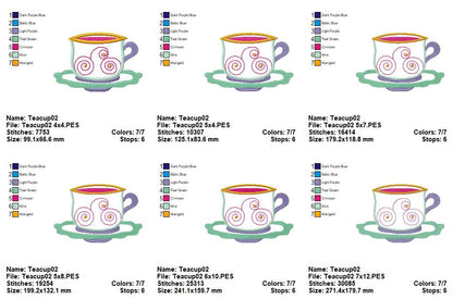 Cute 3 Teacups - Applique - Set of 3 Designs - Machine Embroidery Design