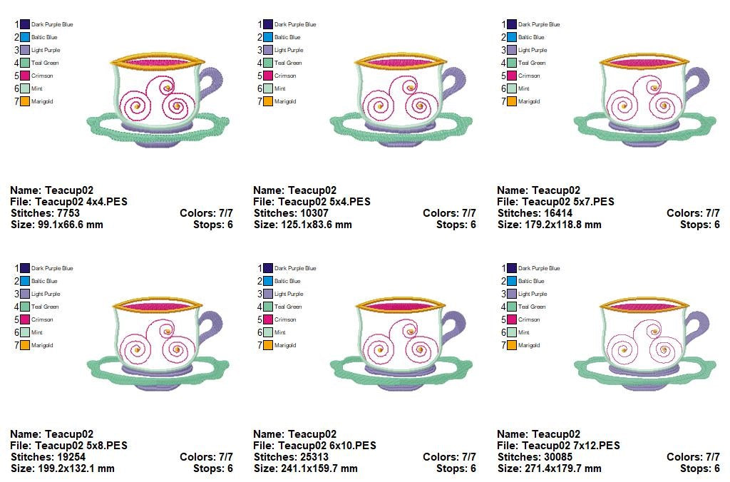 Cute 3 Teacups - Applique - Set of 3 Designs - Machine Embroidery Design