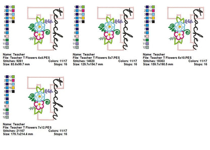 Floral Teacher Letter T – Appliqué – Machine Embroidery Design