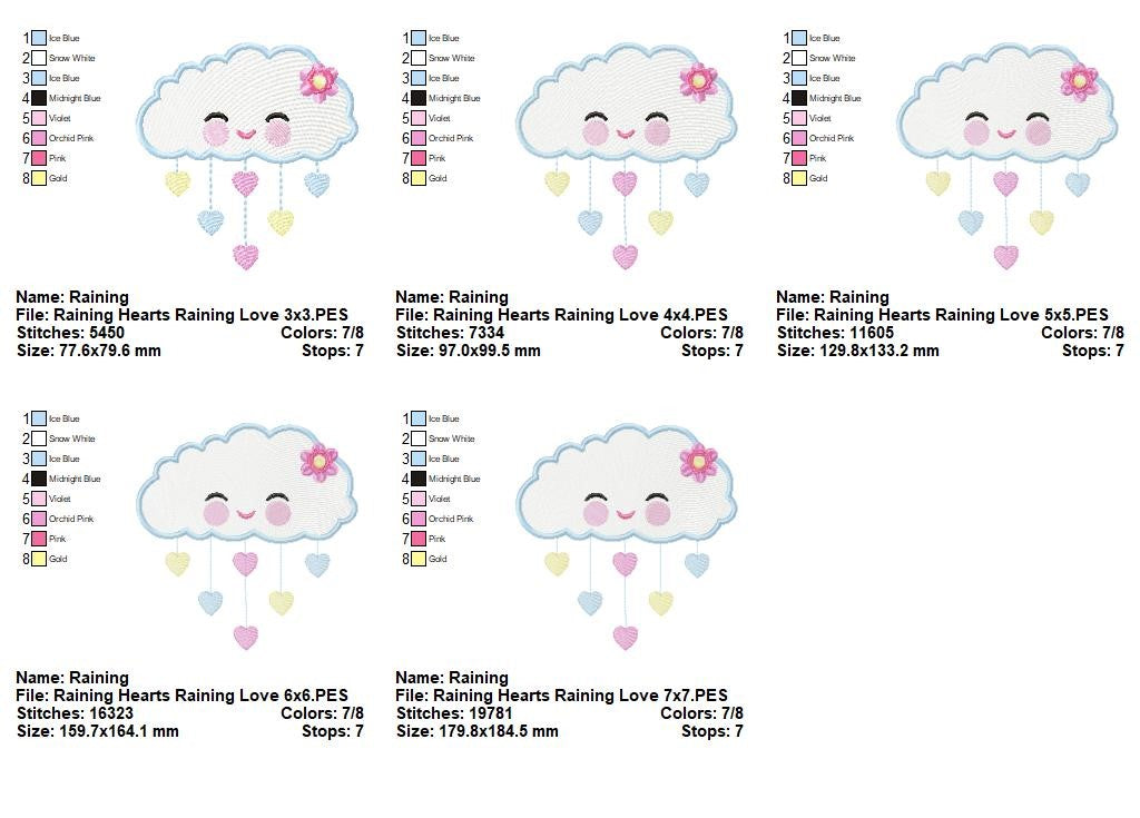 Kawaii Cloud with Hearts - Fill Stitch - Machine Embroidery Design