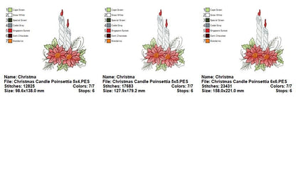 Elegant Christmas Candle Poinsettia – Sketch Stitch - Machine Embroidery Design