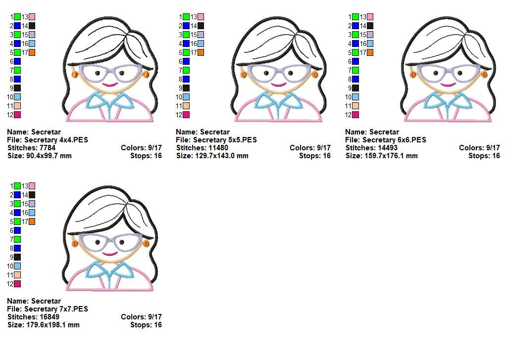 Cute Office Girl with Glasses - Appliqué - Machine Embroidery Design