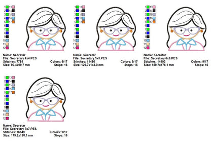 Cute Office Girl with Glasses - Appliqué - Machine Embroidery Design