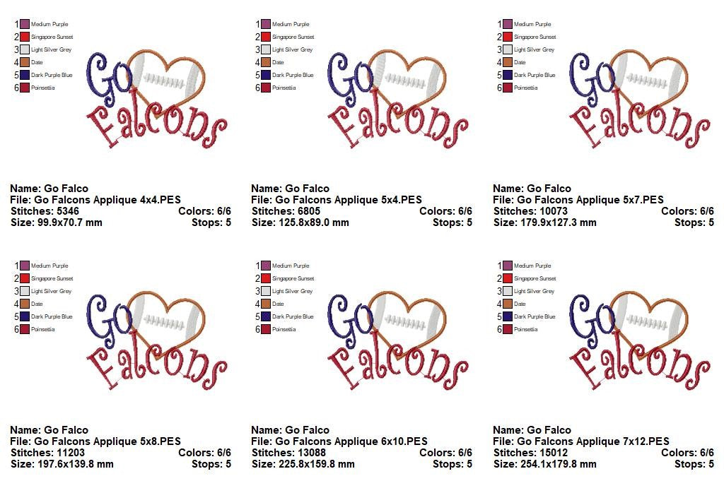 Go Falcons Football Heart – Appliqué – Machine Embroidery Design