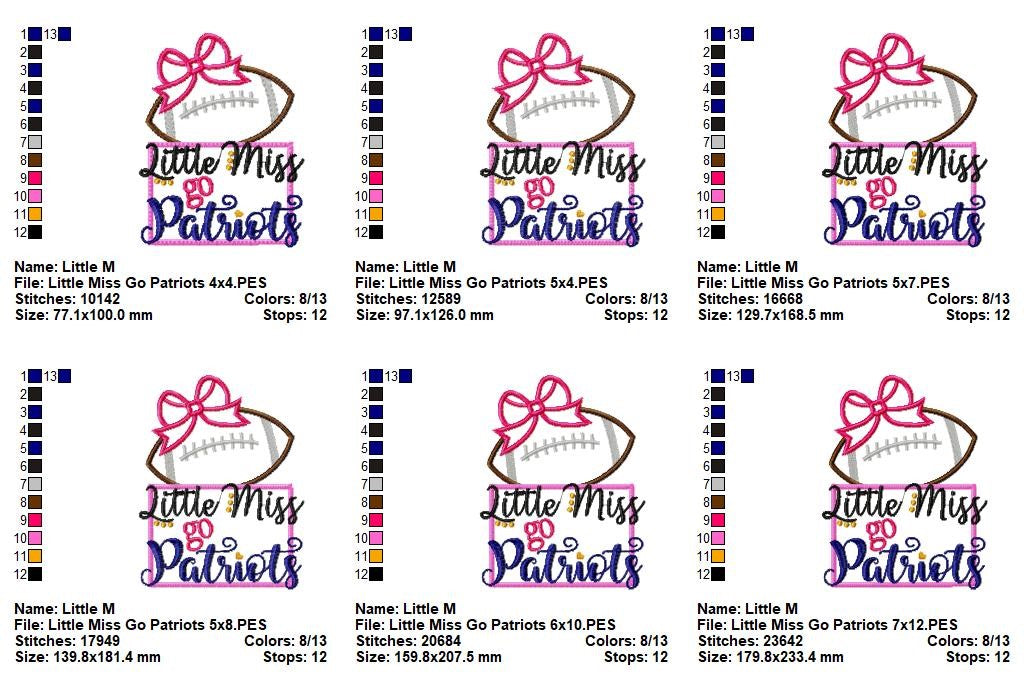 Little Miss Go Patriots Football – Appliqué – Machine Embroidery Design