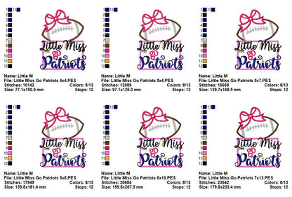 Little Miss Go Patriots Football – Appliqué – Machine Embroidery Design