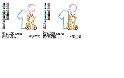 Sweet Giraffe First Birthday - Applique - Machine Embroidery Design