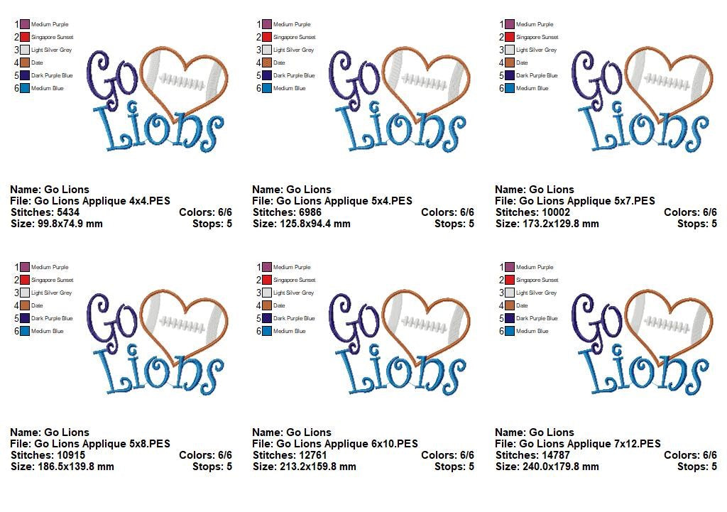 Go Lions Football Heart – Appliqué – Machine Embroidery Design
