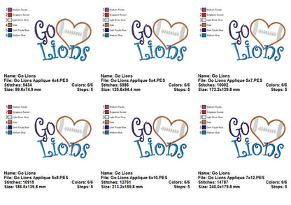 Go Lions Football Heart – Appliqué – Machine Embroidery Design