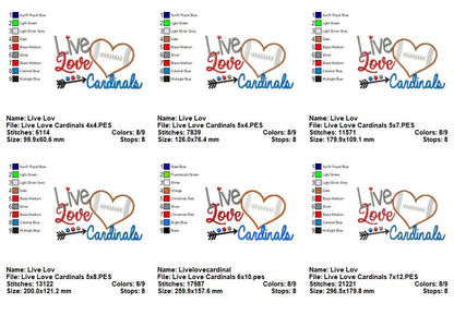 Live Love Cardinals Football Heart – Appliqué – Machine Embroidery Design
