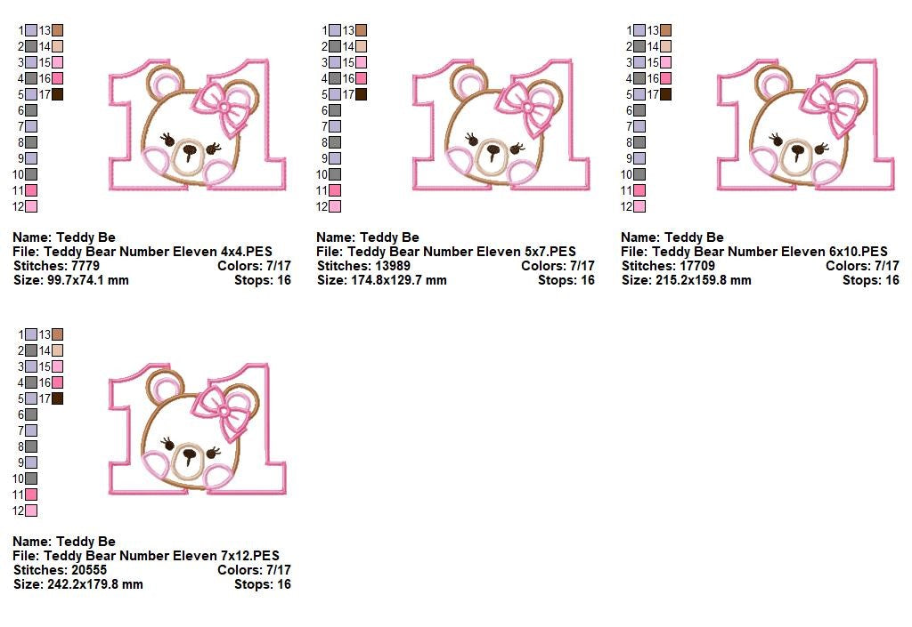 Sweet Teddy Number Eleven - Appliqué - Machine Embroidery Design