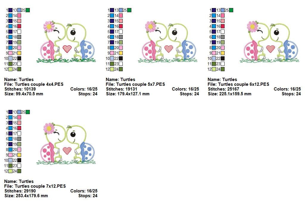 Cute Turtle Love Couple – Appliqué – Machine Embroidery Design