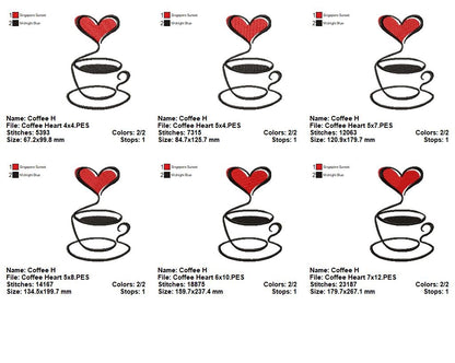 Coffee Cup Heart Line Art - Fill Stitch - Machine Embroidery Design
