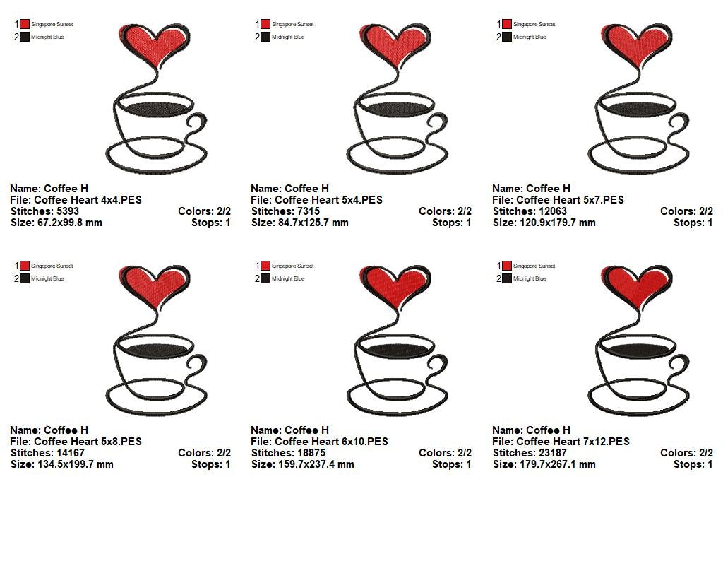 Coffee Cup Heart Line Art - Fill Stitch - Machine Embroidery Design