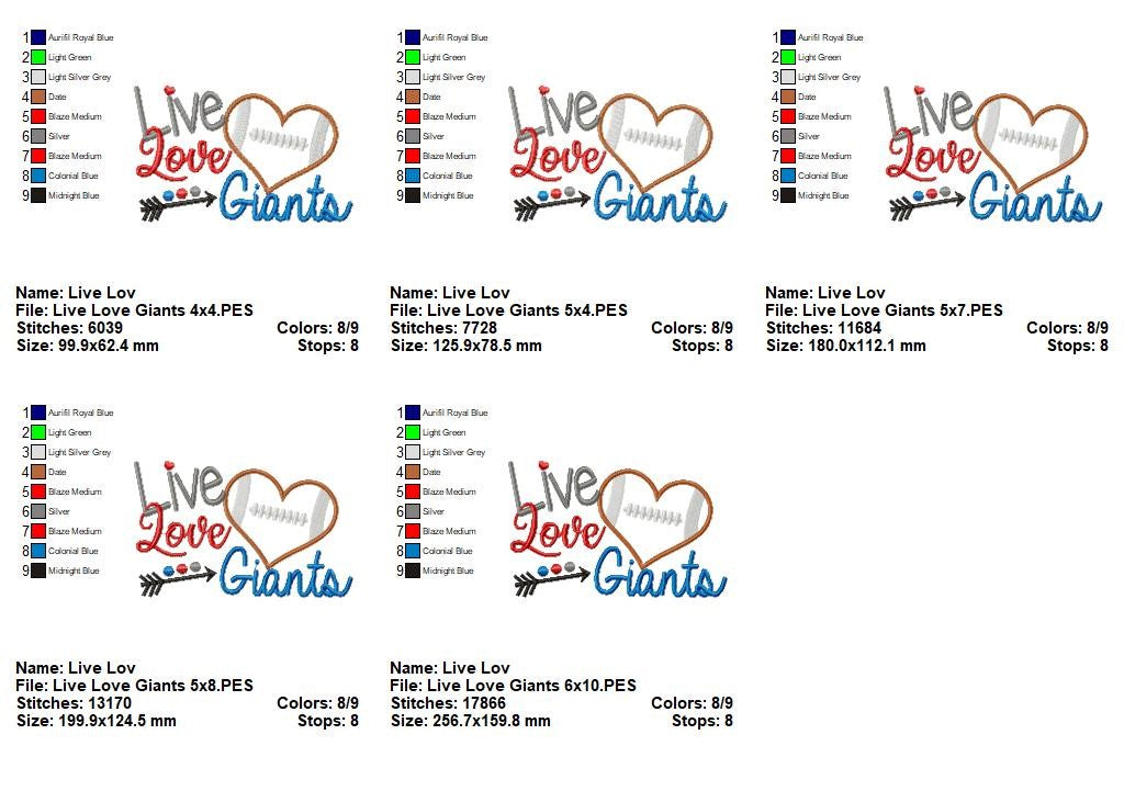 Live Love Giants Football Heart – Appliqué – Machine Embroidery Design