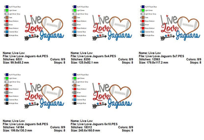 Live Love Jaguars Football Heart – Appliqué – Machine Embroidery Design