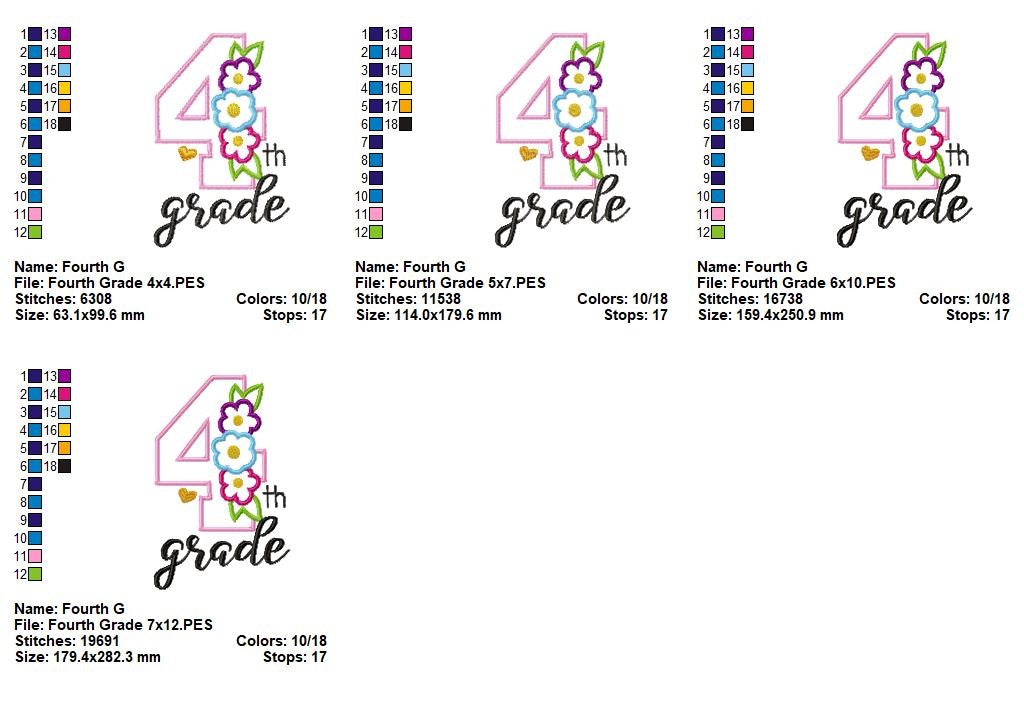 Fourth Grade Flowers - Appliqué - Machine Embroidery Design