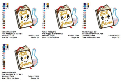 Happy Magic Book with Potion Bottle - Applique - Machine Embroidery Design