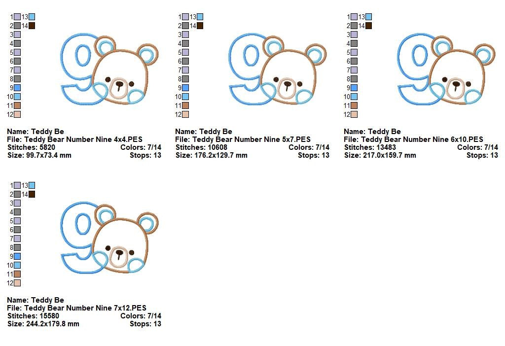 Sweet Teddy Number Nine - Appliqué - Machine Embroidery Design