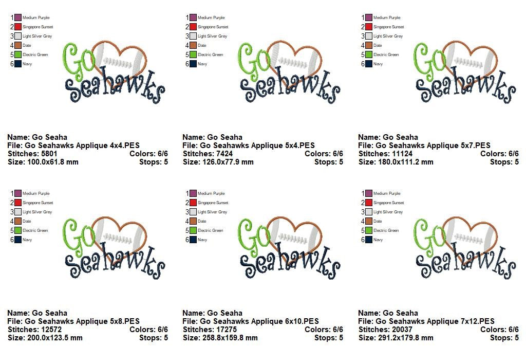 Go Seahawks Football Heart – Appliqué – Machine Embroidery Design