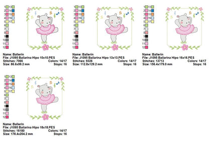 Sweet Ballerina Hippo Dance – Fill Stitch - Machine Embroidery Design