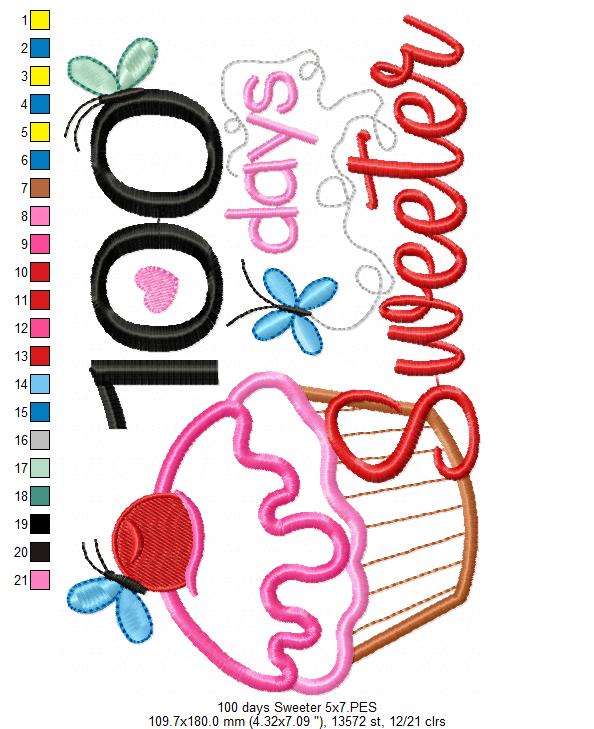 Sweet 100 Days Cupcake Celebration - Appliqué – Machine Embroidery Design