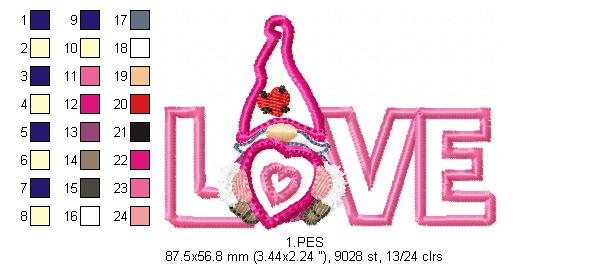 Valentines Love Gnome 2 - Applique - Machine Embroidery Designs