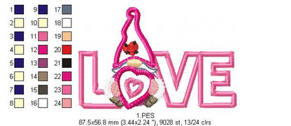 Valentines Love Gnome 2 - Applique - Machine Embroidery Designs