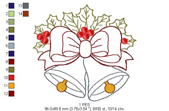 Christmas Bells - Applique - 5 Sizes - Machine Embroidery Designs