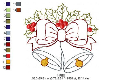 Christmas Bells - Applique - 5 Sizes - Machine Embroidery Designs
