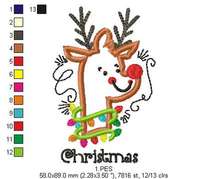 Christmas Rudolf Reindeer  - Applique - 6 Sizes - Machine Embroidery Designs