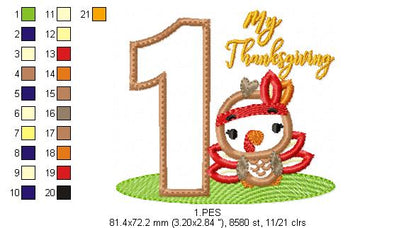 My First  Thanksgiving  Boy - Turkey with Bow - Machine Embroidery Design