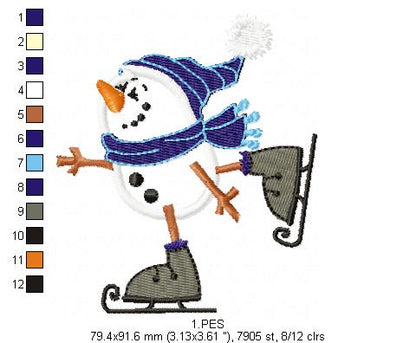 Snowman skiing in the snow - Applique -6 Sizes - Machine Embroidery Designs
