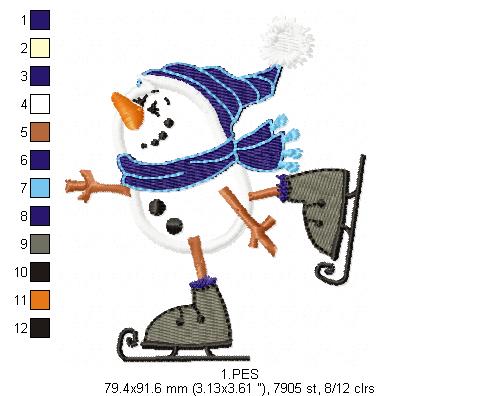Snowman skiing in the snow - Applique -6 Sizes - Machine Embroidery Designs