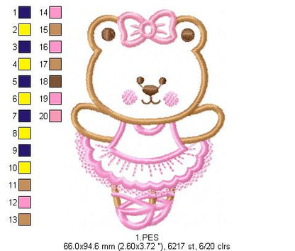 Teddy Bear Girl Ballerina -Applique - 6 Sizes - Machine Embroidery Design