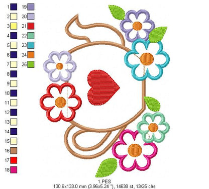 Teapot With Flowers  - Applique - 6 Sizes -  Machine Embroidery Design