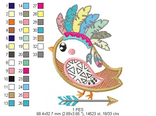 Bird Boho embroidery - Applique - 6 Sizes  - Machine Embroidery Design