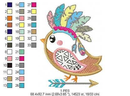 Bird Boho embroidery - Applique - 6 Sizes  - Machine Embroidery Design