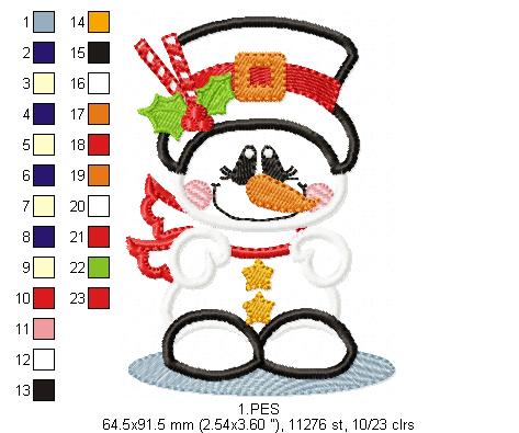 Christmas Snowman  - Applique - Machine Embroidery Design