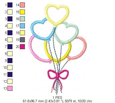 Heart balloon- Applique - 6 Sizes - Applique - Machine Embroidery Designs
