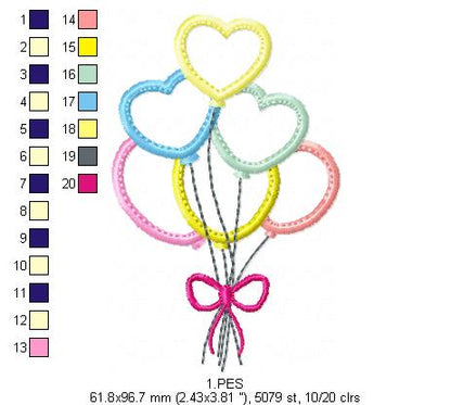 Heart balloon- Applique - 6 Sizes - Applique - Machine Embroidery Designs